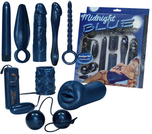 Deväťdielna sada erotických pomôcok v perleťovo modrom prevedení