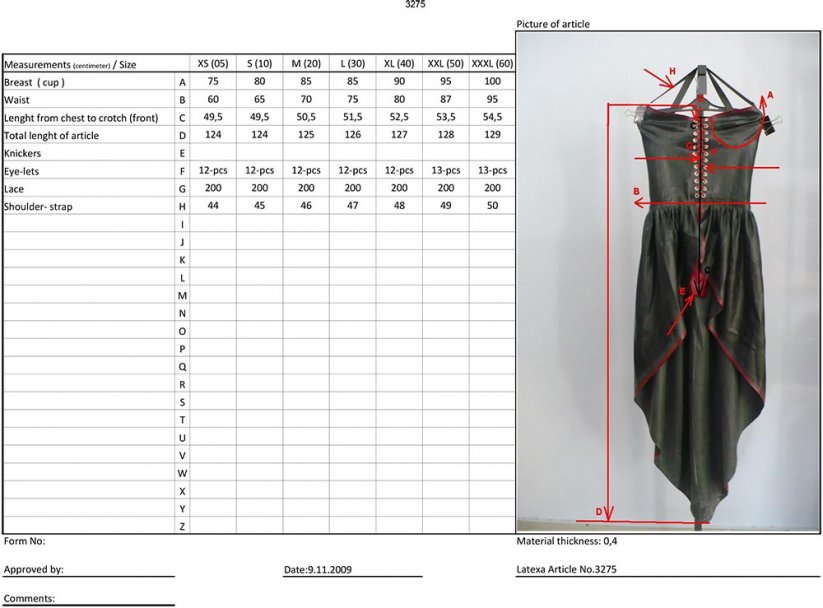Latexové korzetové šaty se šněrováním - tabulka velikostí
