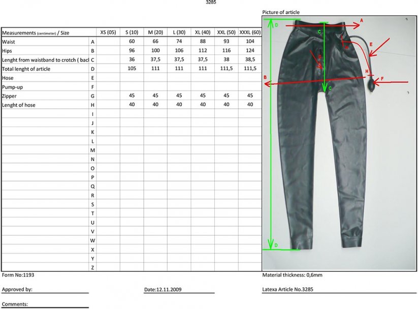 Nafukovací latexové kalhoty - tabulka velikostí