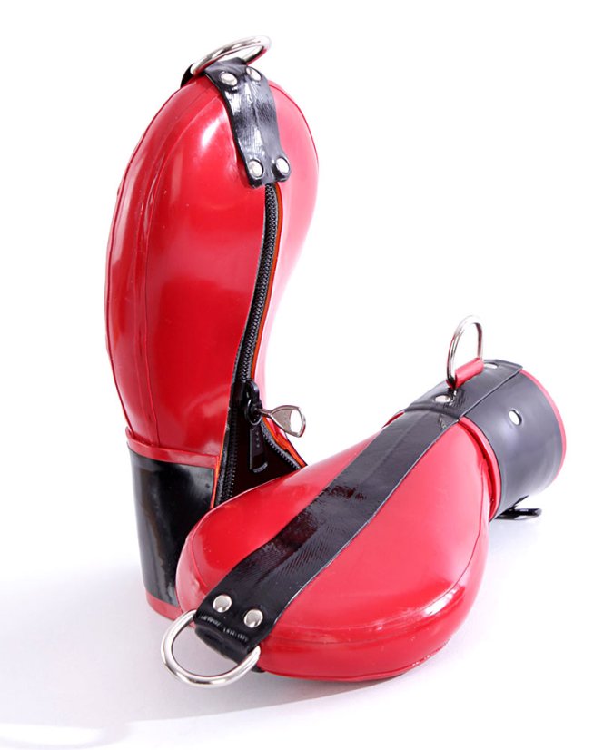 Latexové bondážní rukavice červené s černými doplňky