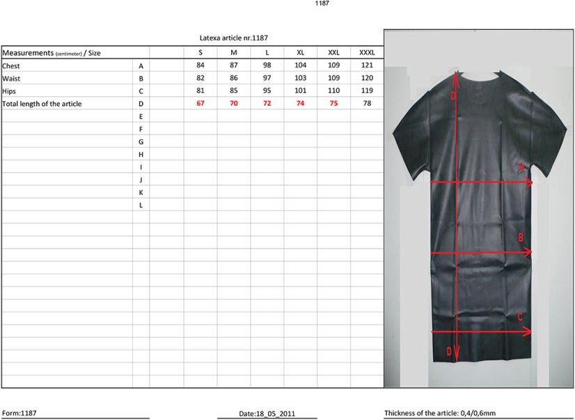 Jednoduché latexové tričko s krátkym rukávom - tabuľka veľkostí