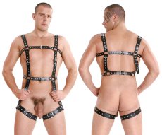 Pánsky kožený postroj s množstvom remienkov a praciek