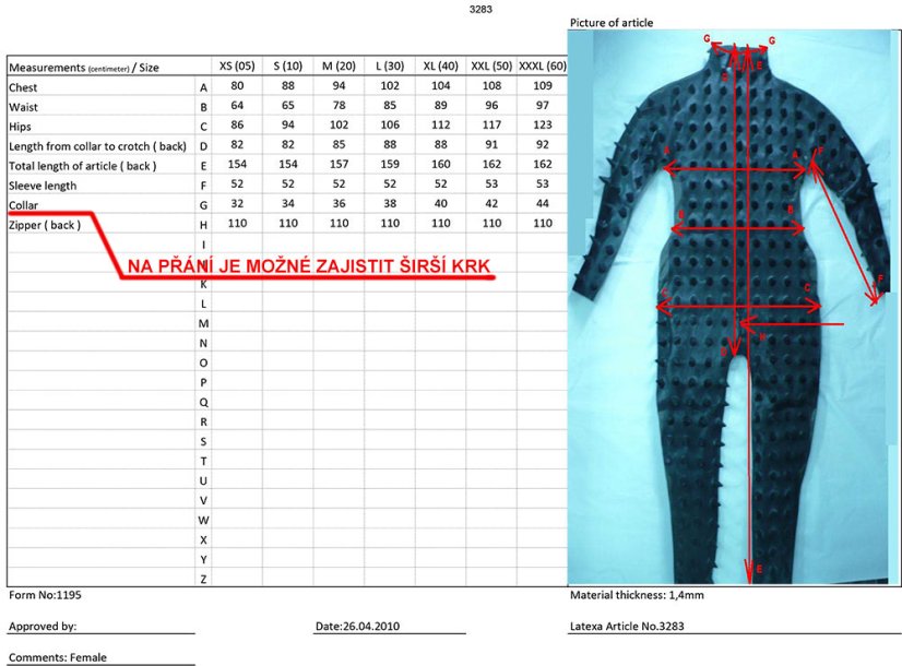 Latexový catsuit "Heavy Rubber" s hrotmi - tabuľka veľkostí