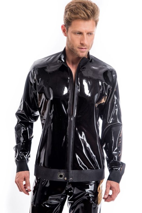 Latexová mikina so stojatým golierom a praktickými vreckami.