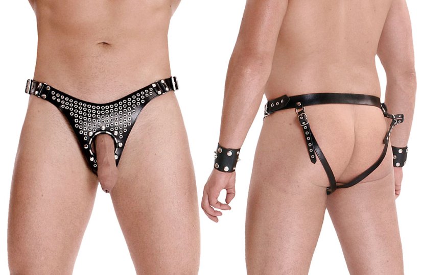 Pánske kožené slipy s otvorom pre penis a remienky cez zadok