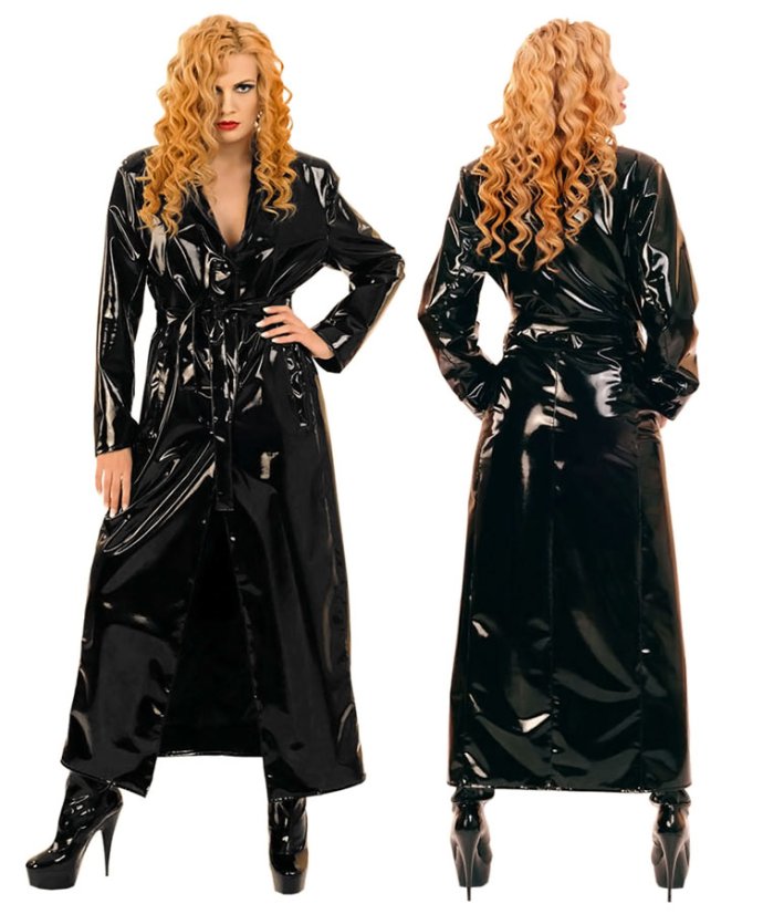 Dlhý dámsky lakovaný kabát