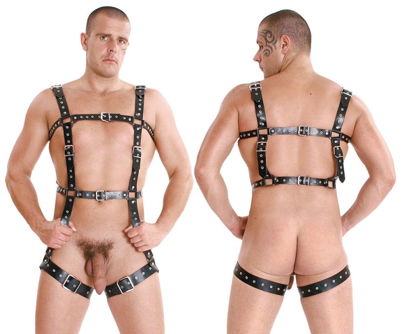 Pánsky kožený postroj s množstvom remienkov a praciek