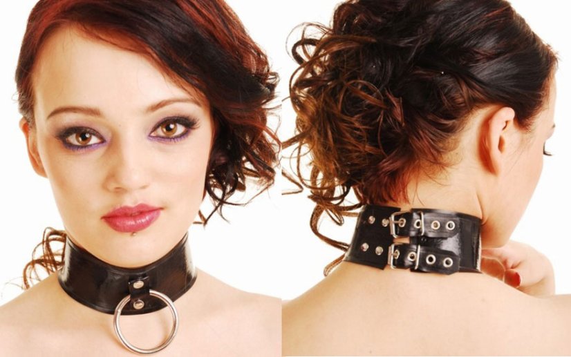 Latexový obojok s ozdobným kovovým kruhom a zapínaním vzadu na 2 pracky