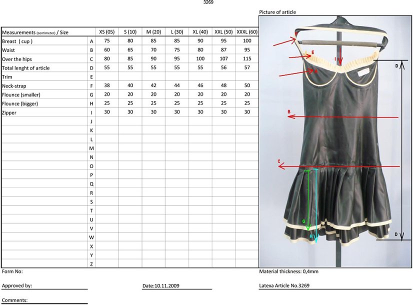 Latexové minišaty s dvojitou skladanou sukničkou - tabuľka veľkostí