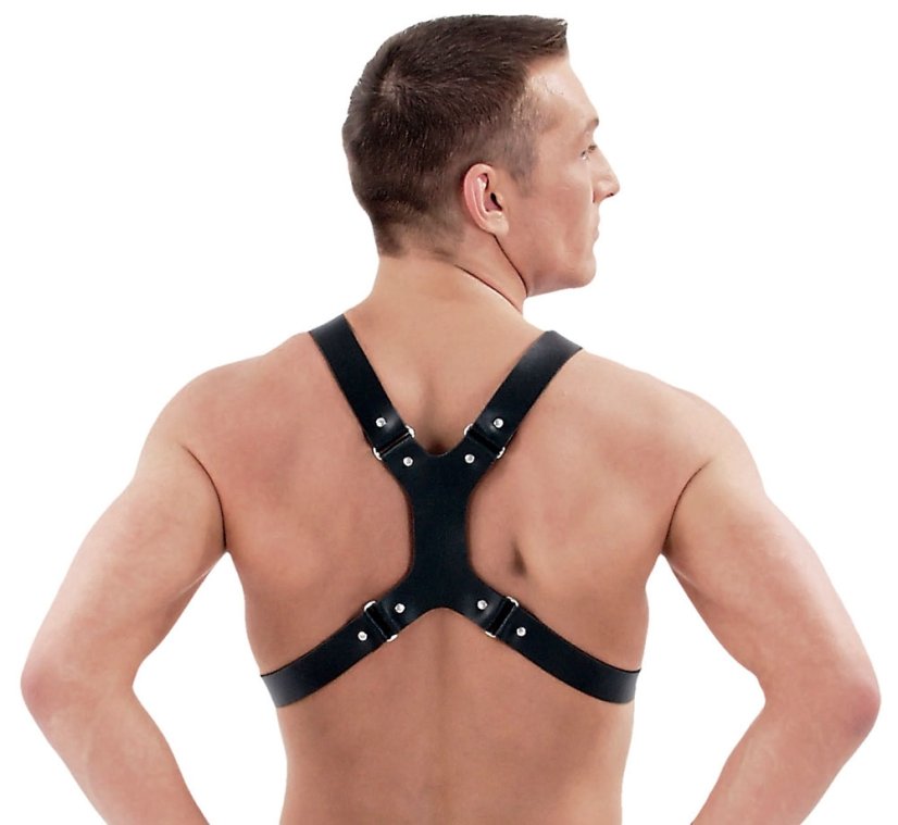 Pánsky kožený hrudný postroj so štyrmi prackami - pohľad zozadu