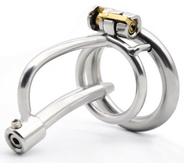 Kovový pás cudnosti s priechodnou tyčinkou do penisu 8 mm - M (krúžok 4,5 cm)