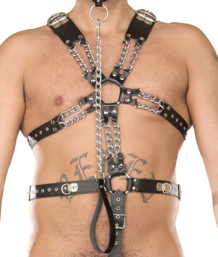 Pánsky kožený postroj s reťazami - detail