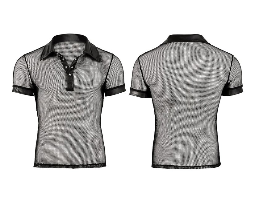 Pánská síťová košile s lesklým límečkem a lemy na rukávech - detail