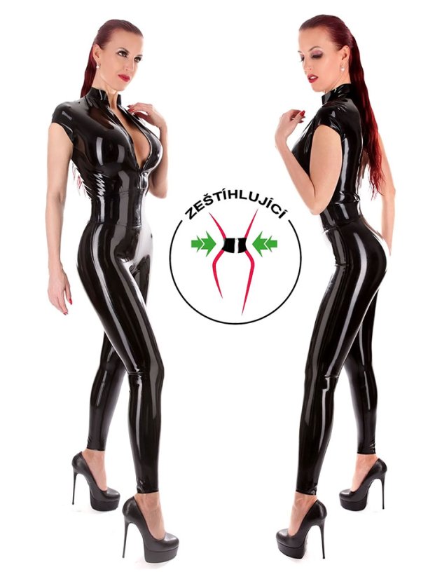 Zoštíhľujúci latexový catsuit s minirukávmi a otvoreným stojatým golierom