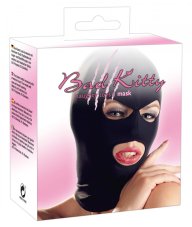 Sexy hlavová maska z elastickej čiernej látky s otvormi pre oči a ústa - balenie