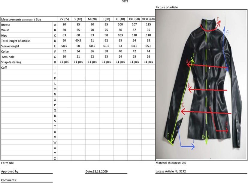 Latexová blůzka pro sekretářku - tabulka velikostí