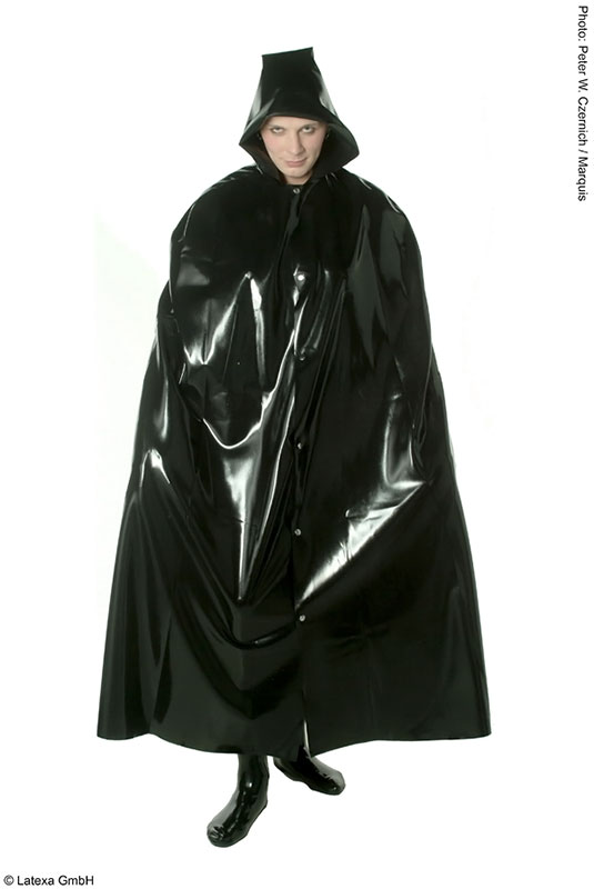 Dlhá latexová pláštenka s kapucňou a otvormi pre ruky - čierna