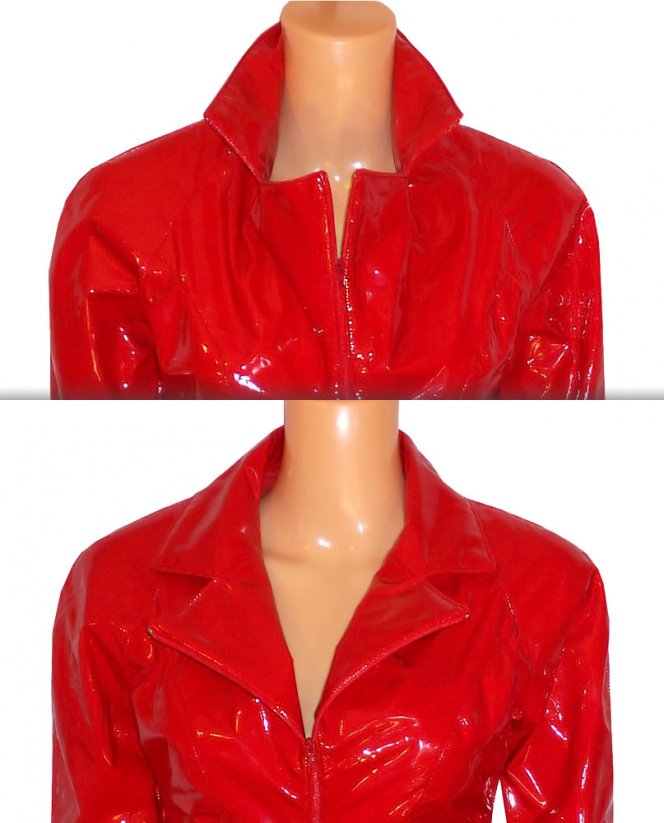 Dámský lakový catsuit s límečkem a řemínky v pase - detail límce