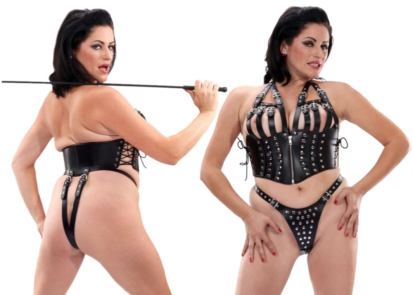 Masívne dámske kožené tangá s kovaním - XXL