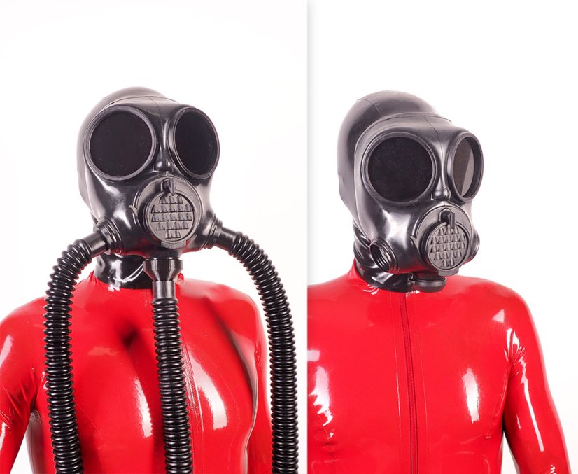 Plynová maska OM-90 celohlavová - pohled s dýchacími hadicemi a bez hadic