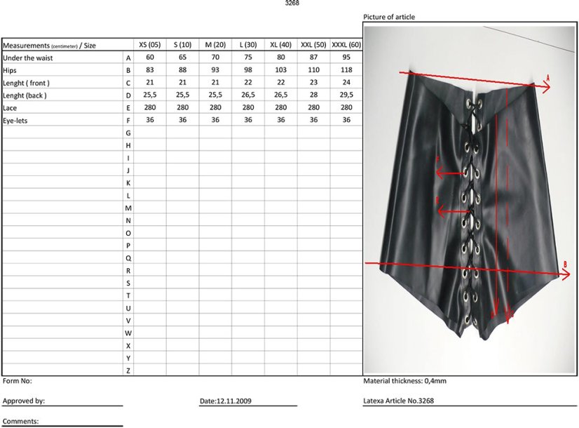 Latexové kraťasy so šnurovaním - tabuľka veľkostí