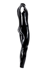 Pánsky latexový catsuit bez rukávov, so stojačikom a otvorom na penis - pohľad zboku