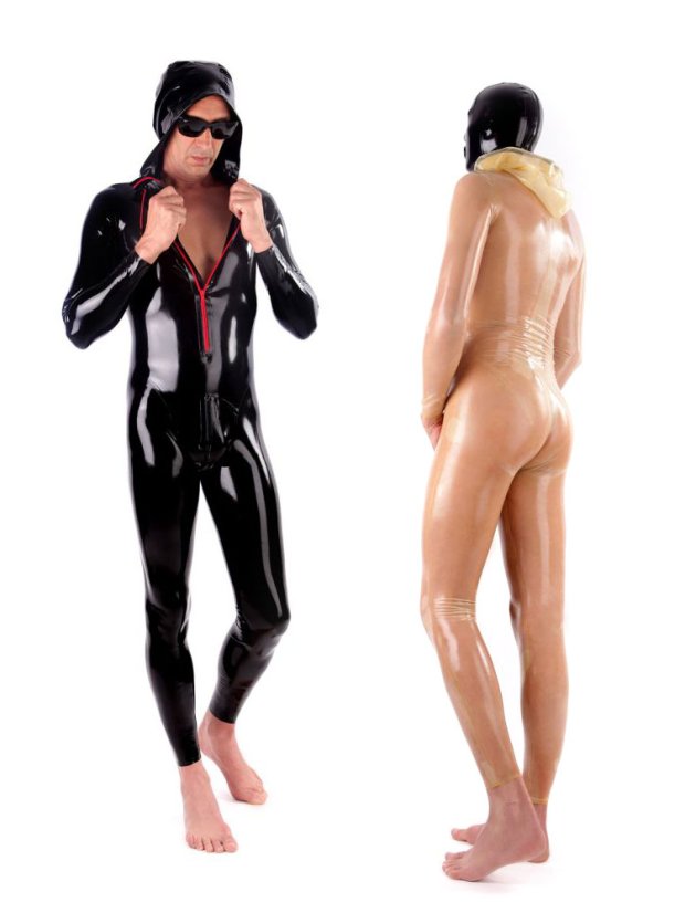Latexový catsuit s kapucí a dvěma krátkými zipy