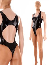 Women's sexy latex swimsuit with a prominent back cutout