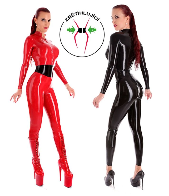 Zoštíhľujúci latexový catsuit s otvoreným stojáčikom