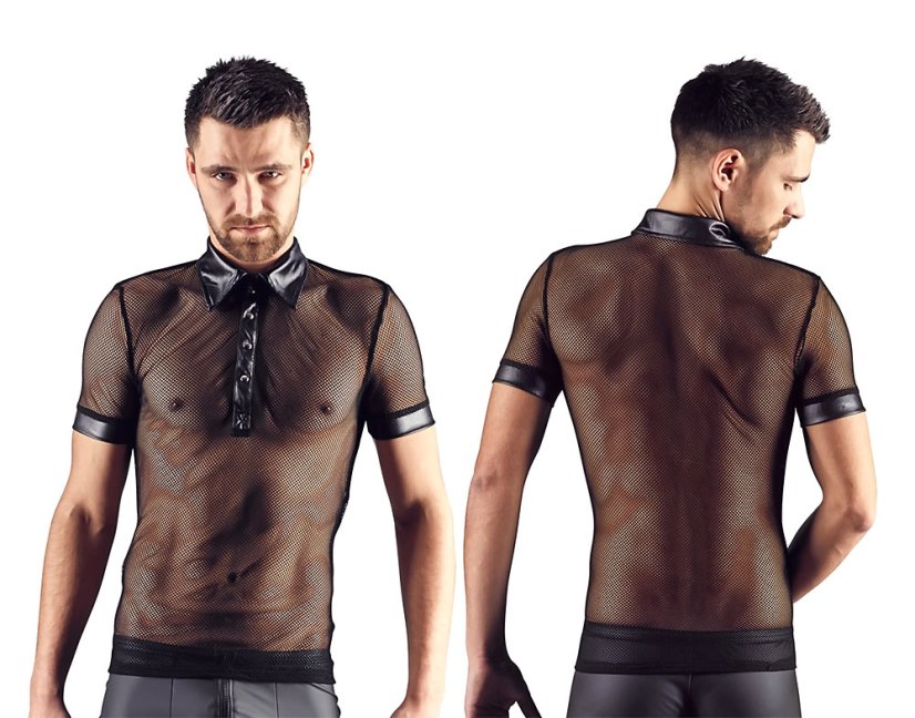 Pánská síťová košile s lesklým límečkem a lemy na rukávech - pohled zepředu a zezadu