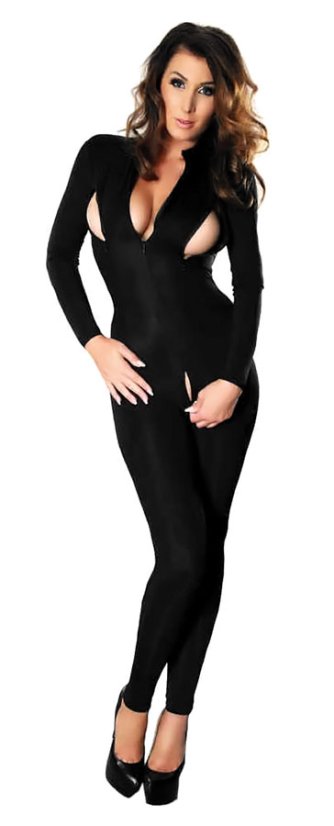 Strečový catsuit s rafinovanými zipy na prsou