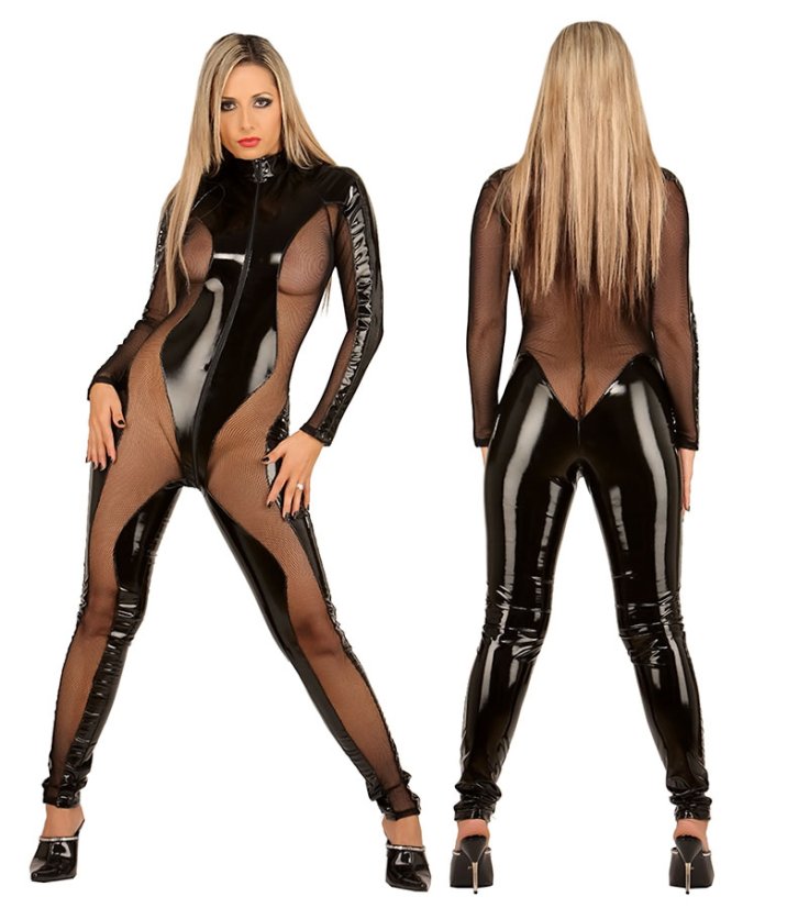 Originálny catsuit v kombinácii laku a sieťoviny