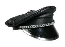 Leather police cap with a shiny visor and chain