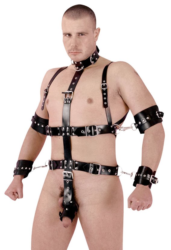 Kožený pútací postroj s putami na ruky a prídavným postrojom na penis