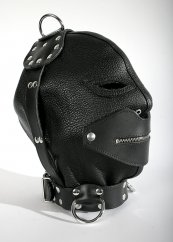 Kožená BDSM maska z hrubé kůže a zipem přes ústa - odkryté oči