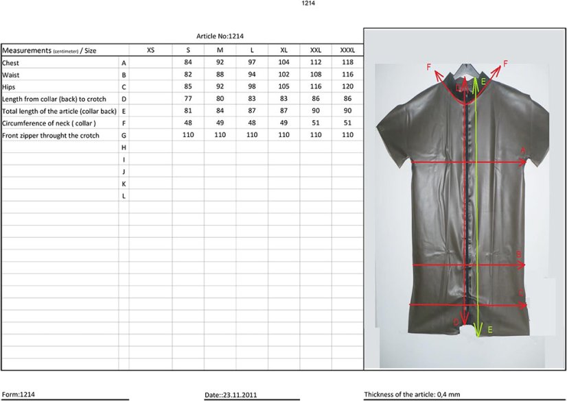 Pánsky latexový catsuit s krátkymi rukávmi a nohavicami - tabuľka veľkostí
