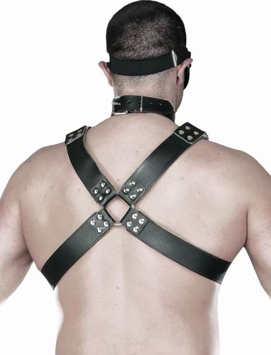 Pánsky kožený prsový postroj - pohľad zozadu