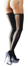 Opaque tights with fishnet inserts at the back