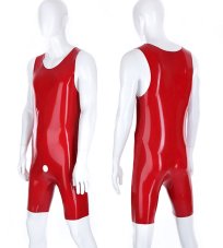 Men's latex cropped catsuit, also known as a surfsuit, with straps and a penis opening
