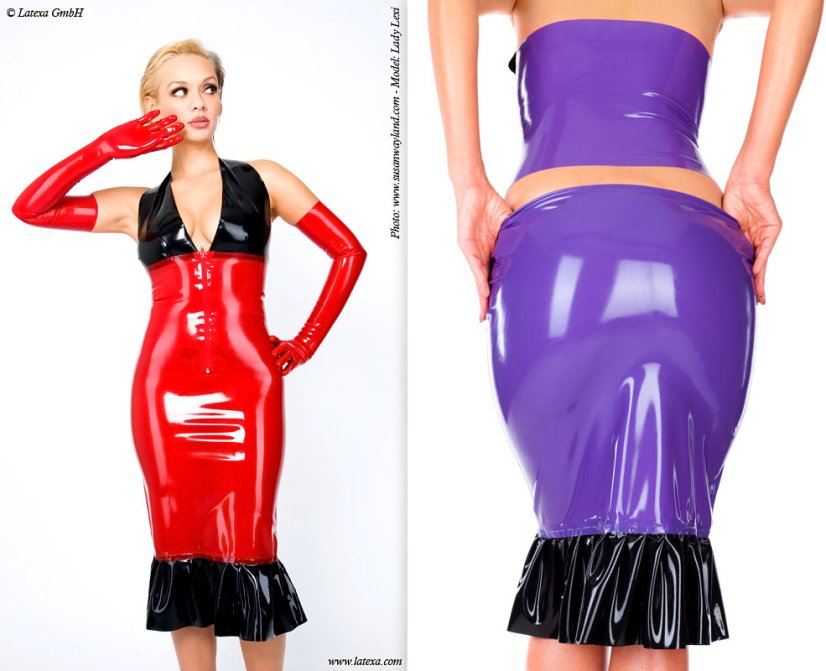 Úzka latexová sukňa s riaseným dolným okrajom