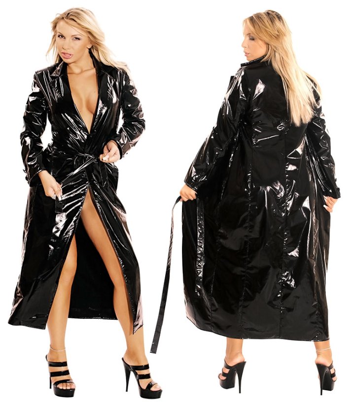 Dlhý dámsky lakovaný kabát