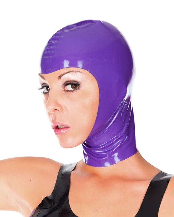 Latexová maska s otvorenou tvárou - fialová, pohľad zboku