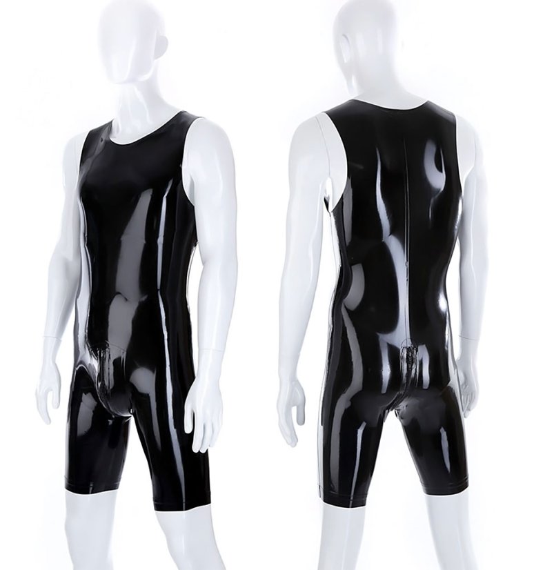 Pánsky latexový skrátený catsuit, tzv. surfsuit s ramienkami a zipsom v rozkroku