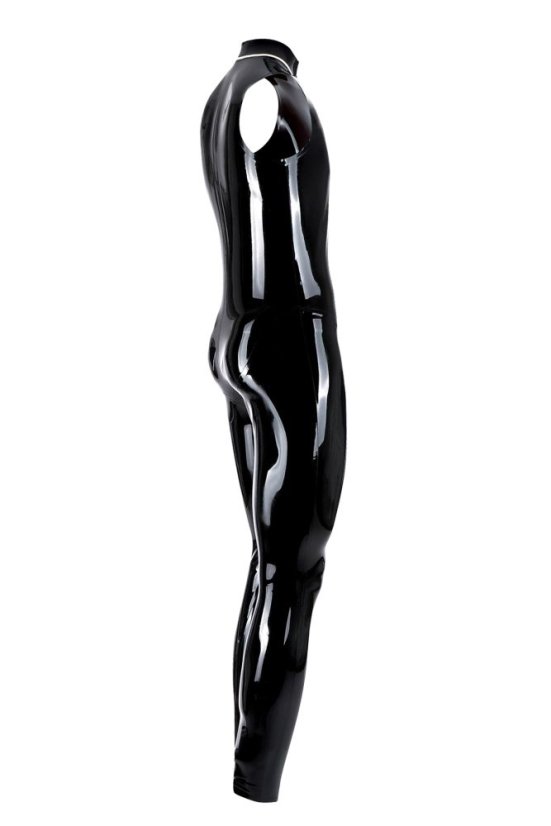 Pánsky latexový catsuit bez rukávov, so stojačikom a otvorom na penis - pohľad zboku