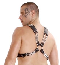 Pánsky kožený hrudníkový postroj s reťazami a D-krúžkami - pohľad zozadu