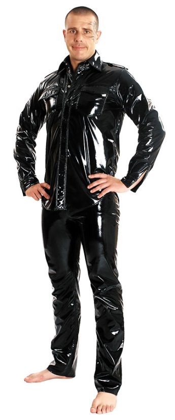 Pánske lakované nohavice v rifľovom strihu - čierne