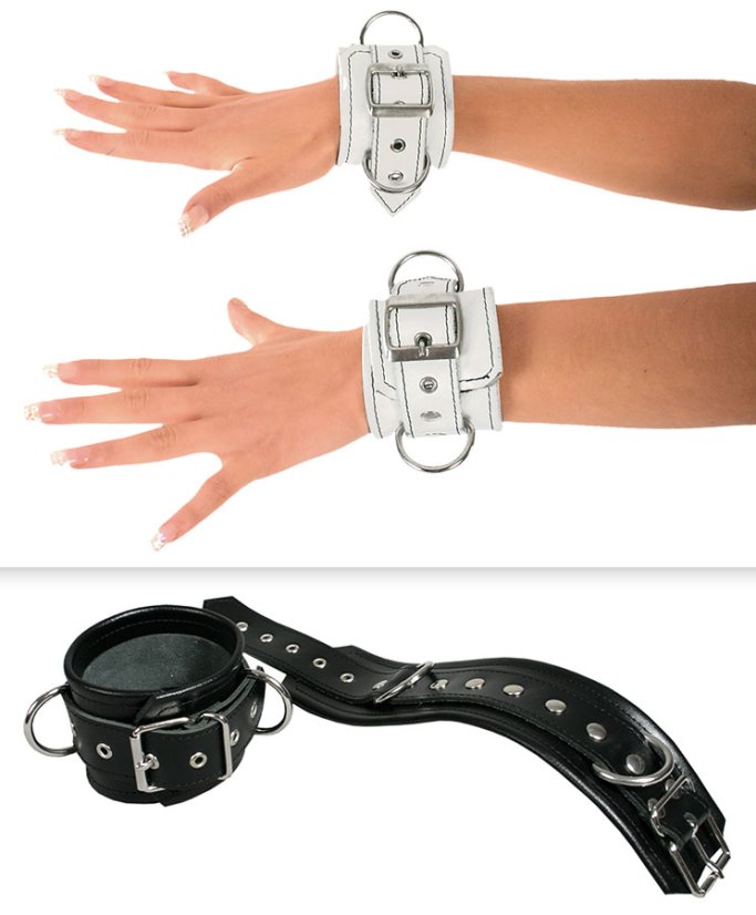 Leather handcuffs with buckle and two restraining D-rings