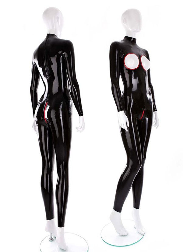 Dámsky latexový catsuit s otvormi na prsiach a uzamykateľnými zipsami