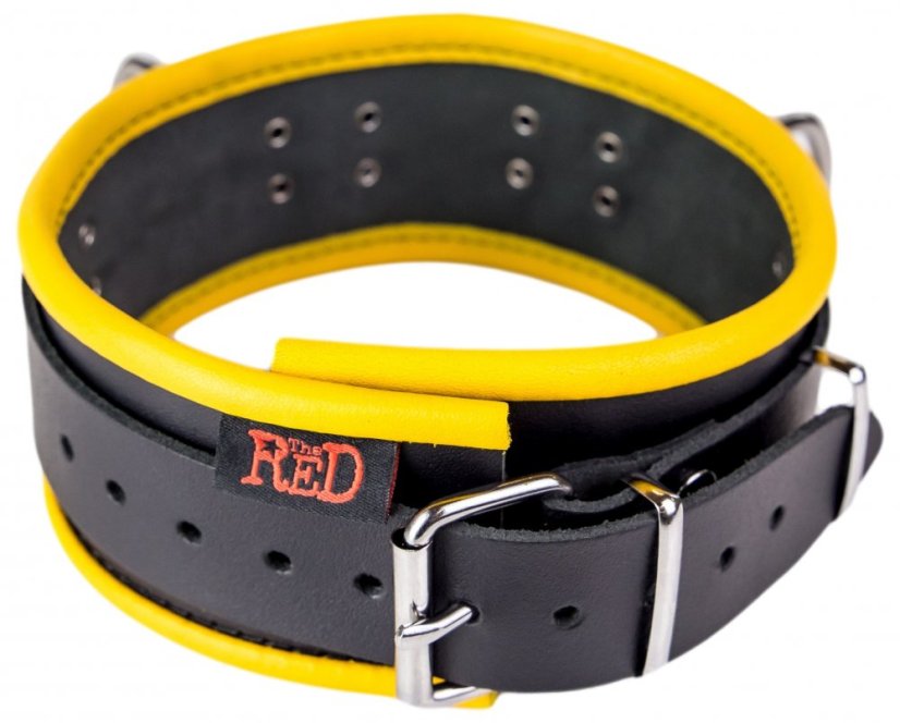 Kožený obojok "The Red" čierny so žltým lemovaním