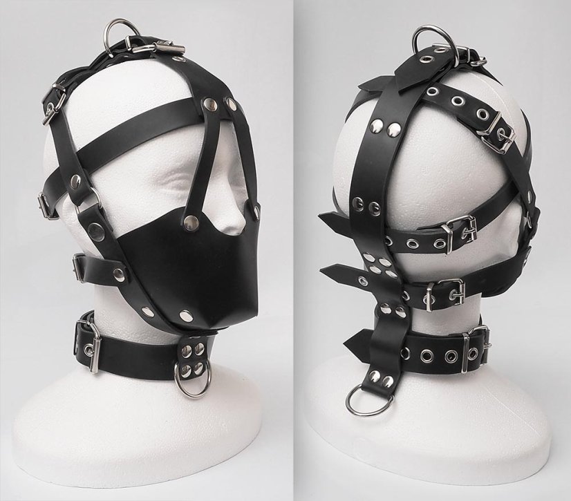 Masívny latexový postroj na celú hlavu s náhubkom a poutacími D-krúžkami